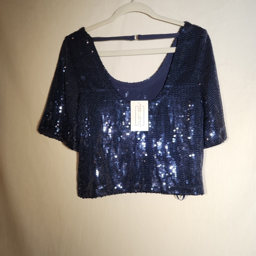 Free People Sequin beautiful  luxury blouse. Size XS Navy Blue top. NWT #party - Picture 3 of 7